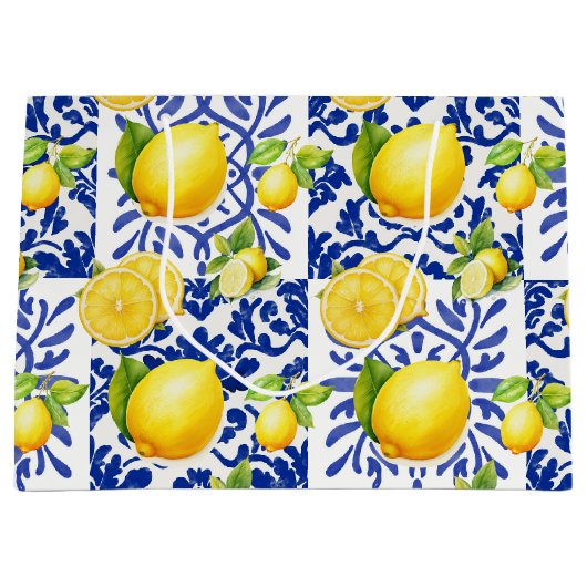 Blue White Lemon Tile Pattern Mediterranean Citrus Groot Cadeauzakje (Voorkant)