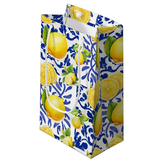 Blue White Lemon Tile Pattern Mediterranean Citrus Klein Cadeauzakje (Voorkant Gekanteld)
