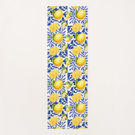 Blue White Lemon Tile Pattern Mediterranean Citrus Yogamat (Voorkant)