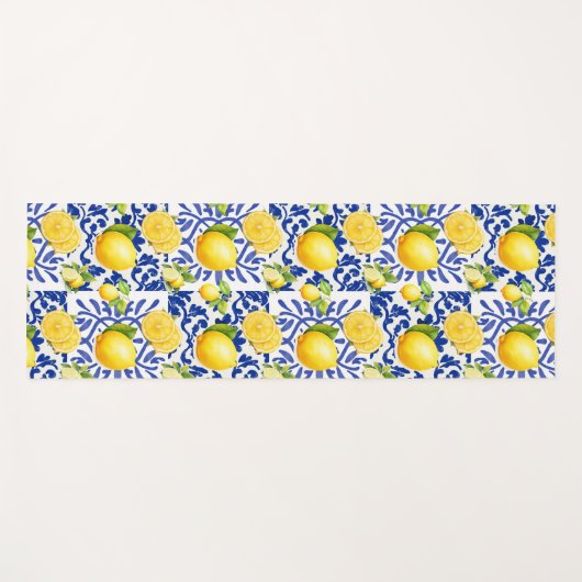Blue White Lemon Tile Pattern Mediterranean Citrus Yogamat (Voorkant (horizontaal))