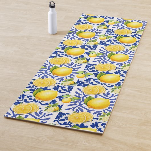 Blue White Lemon Tile Pattern Mediterranean Citrus Yogamat (In situ)
