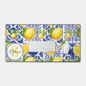Blue White Lemon Tile Pattern Monogram Name Citrus (Clavier et souris)