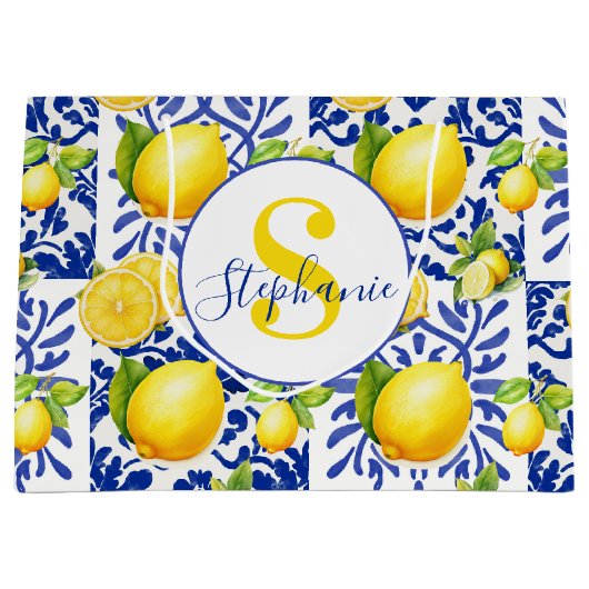 Blue White Lemon Tile Pattern Monogram Name Citrus Groot Cadeauzakje (Voorkant)