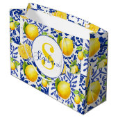 Blue White Lemon Tile Pattern Monogram Name Citrus Groot Cadeauzakje (Achterkant Gekanteld)