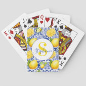 Blue White Lemon Tile Pattern Monogram Name Citrus Pokerkaarten (Achterkant)