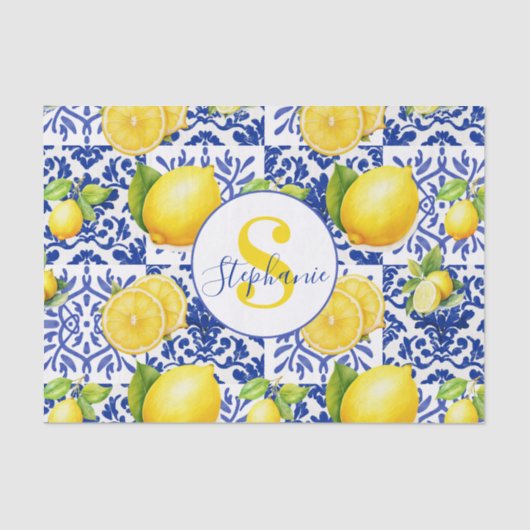 Blue White Lemon Tile Pattern Monogram Name Citrus Tissuepapier (Voorkant)