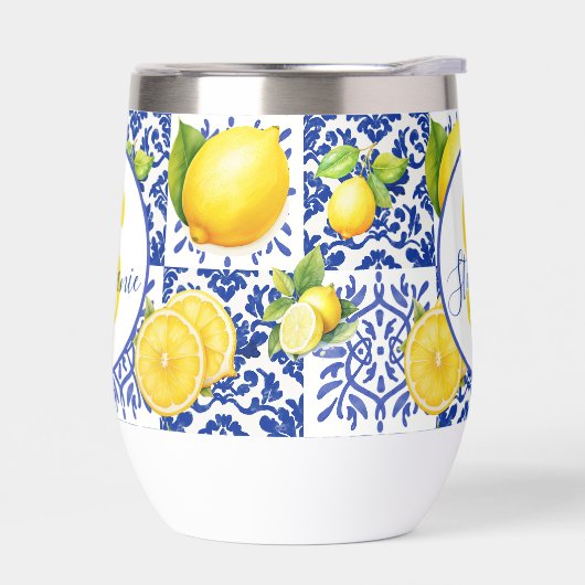 Blue White Lemon Tile Pattern Name Monogram Citrus (Gauche)