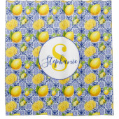 Blue White Lemon Tile Pattern Name Monogram Citrus Douchegordijn (Voorkant)