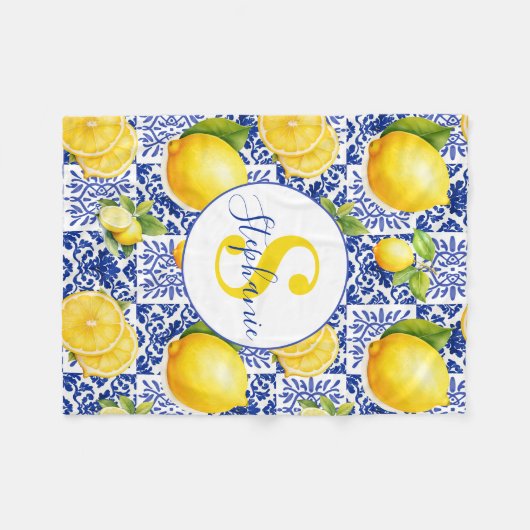Blue White Lemon Tile Pattern Name Monogram Citrus Fleece Deken (Voorkant (Horizontaal))