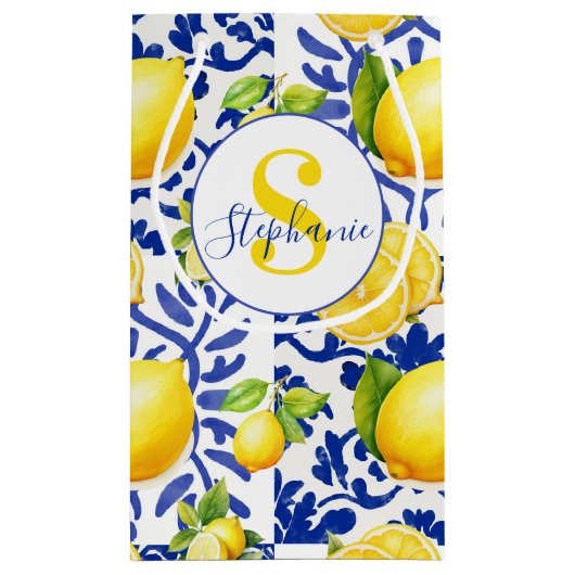 Blue White Lemon Tile Pattern Name Monogram Citrus Klein Cadeauzakje (Achterkant)