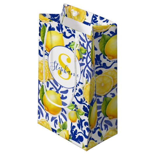 Blue White Lemon Tile Pattern Name Monogram Citrus Klein Cadeauzakje (Voorkant Gekanteld)