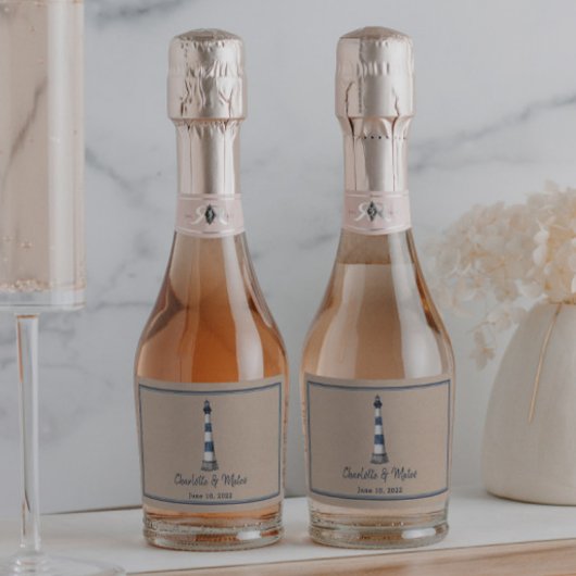 Blue White Lighthouse Border Kraft Wedding Sparkling Wijnetiket