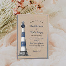 Blue White Lighthouse Kraft Wedding Uitnodiging