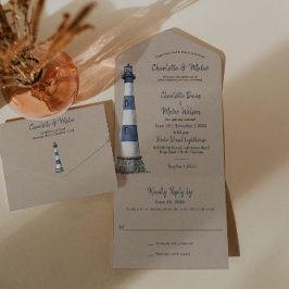 Blue White Lighthouse Kraft Wedding Uitnodiging