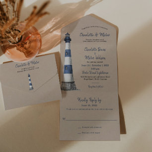 Blue White Lighthouse Kraft Wedding Uitnodiging