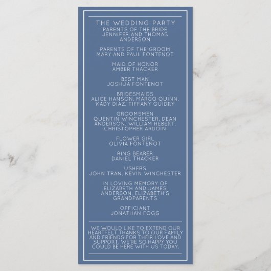 Blue & White Minimalist Wedding Program Programma (Achterkant)