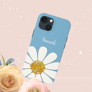 Blue White Modern Daisy Flower Personalize Name iPhone 13 Mini Hoesje