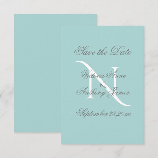 Blue White Monogram Script Weddenschap Save The Date (Voorkant / Achterkant)