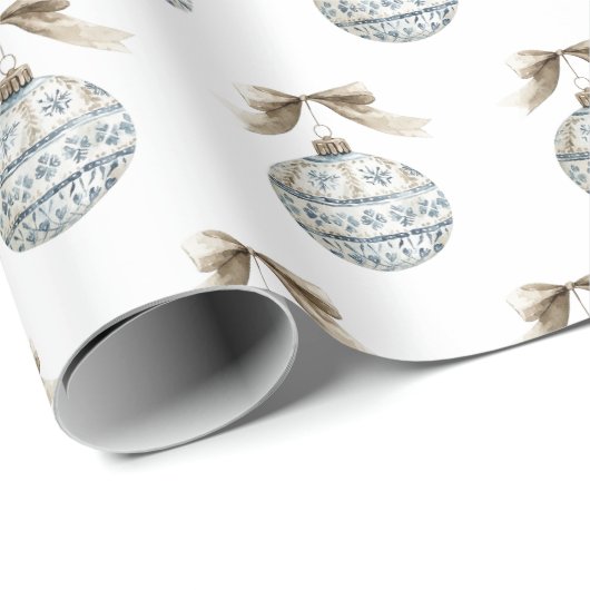 Blue White Nordic Ornaments Cream Bow Christmas Cadeaupapier (Rol Hoek)