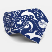 Blue White Ocean Pattern Dolphin Waves Shell Crab Stropdas (Opgerold)