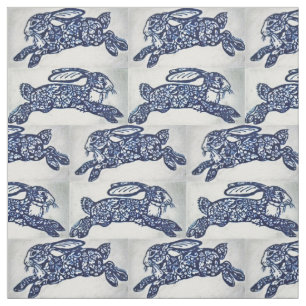 Blue White Oriental Style Rabbits Designer Fabric Stof