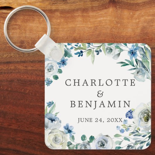 Blue White Peony Floral Custom Spring Wedding Sleutelhanger (Voorkant)