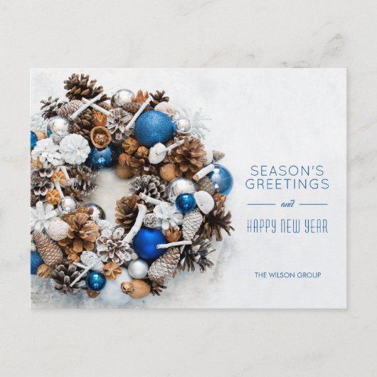 Blue White Pine Wreate Business Holiday Briefkaart (Voorkant)