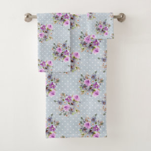 Blue White Polka Dot Paarse Waterverf Floral Bad Handdoek