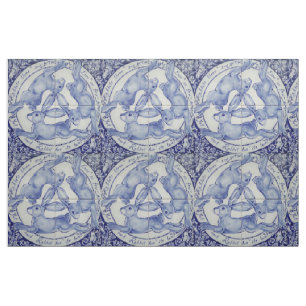 Blue White Rabbit Hare Bird Trio Medallion Fabric Stof