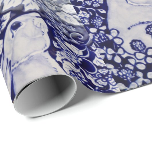 Blue White Rabbit Tile Gift Wrap Art Dedham Cobalt Cadeaupapier (Rol Hoek)
