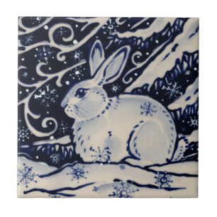 Blue White Rabbit Winter Snow Chinoiserie Cobalt Tegeltje