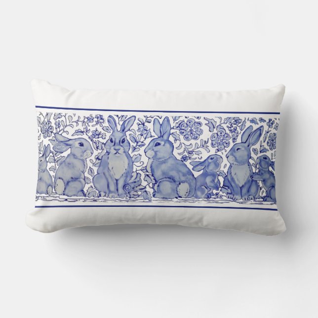 Blue & White Rabbit Woodland Bunny Delft Dedham Kussen (Voorkant)
