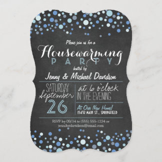 Blue & White Retro Chalkboard Housewarming Party Kaart