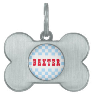 Blue White Retro Checkered Dog Puppy Cat Name Huisdieren Naamplaatje