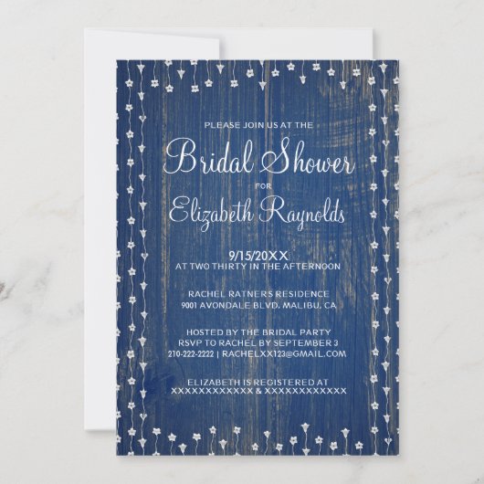 Blue White Rustic Country Bridal Shower Uitnodigin Kaart (Voorkant)