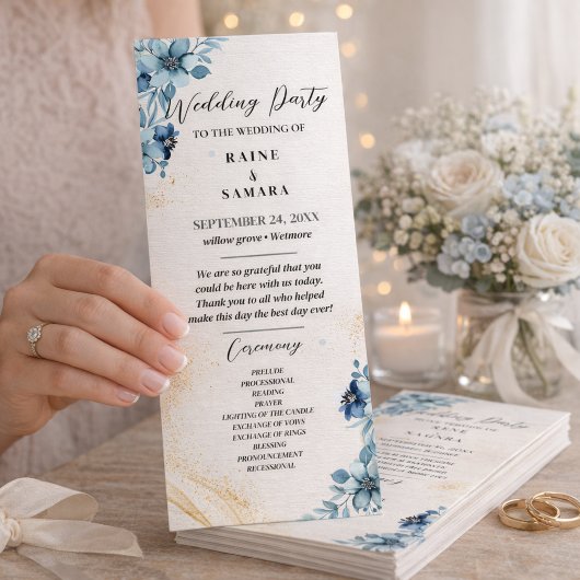 Blue & White Rustic Floral Wedding Party Programme