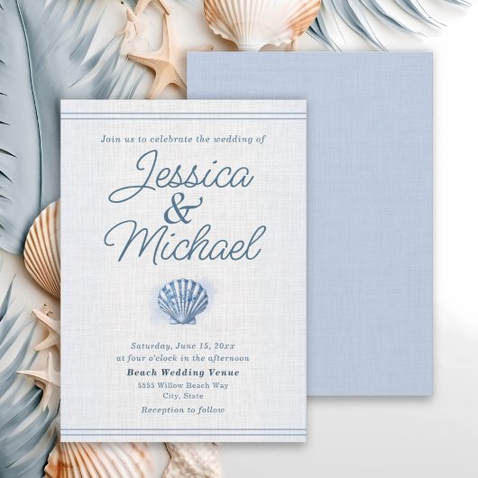 Blue White Seashell Nautical Beach Wedding Kaart