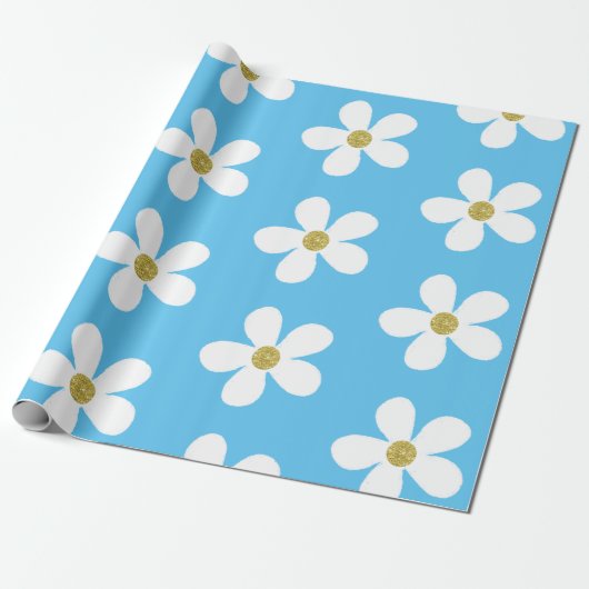 Blue White Simple Daisy Gold Cadeaupapier (Uitgerold)