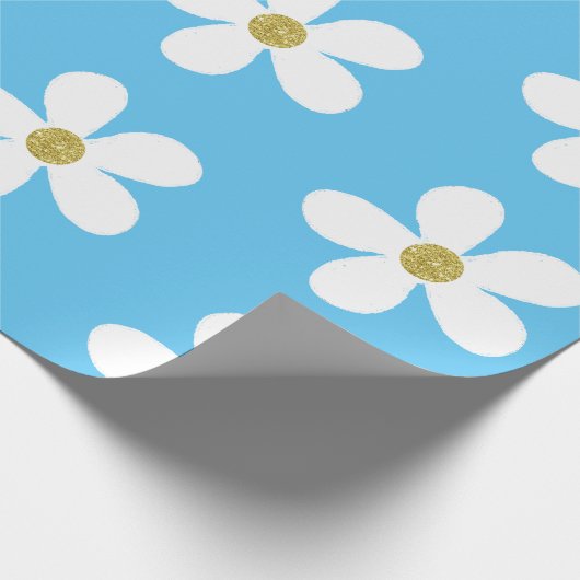 Blue White Simple Daisy Gold Cadeaupapier (Hoek)