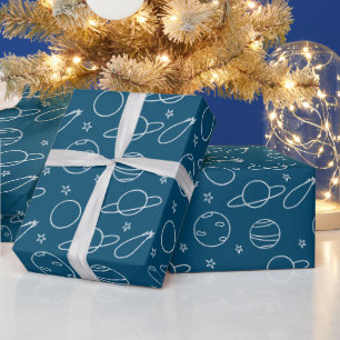 Blue White Simple Planet en sterren Cadeaupapier