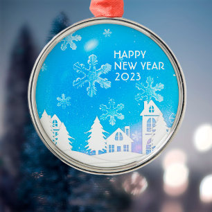 Blue White Snow House Happy New Year 2023 Metalen Ornament