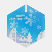 Blue White Snow House Merry kerst Glas Ornament (Achterkant)