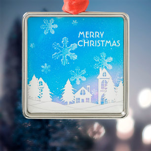 Blue White Snow House Merry kerst Metalen Ornament