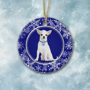 Blue White Snowflake White Chihuahua Keramisch Ornament