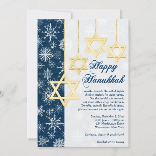 Blue, White Snowflakes Hanoukka Party Invitation (Devant)