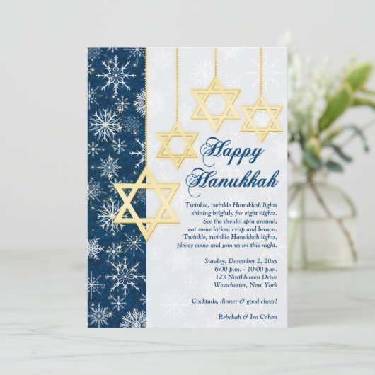 Blue, White Snowflakes Hanoukka Party Invitation (Debout devant)