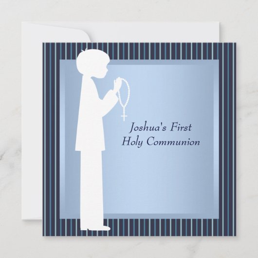 Blue White Stripe Rosary Boys First Communion Kaart (Voorkant)