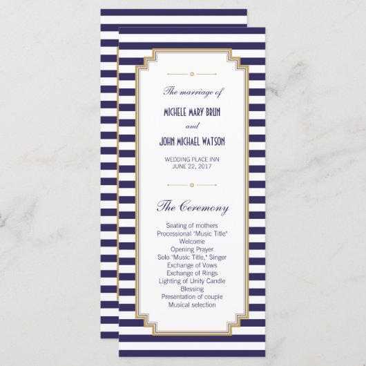 Blue White Striped Wedding Program Rack Kaarten (Voorkant / Achterkant)