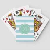 Blue White Stripes Pattern, Mint Green Monogram Speelkaarten (Achterkant)