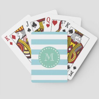 Blue White Stripes Pattern, Mint Green Monogram Speelkaarten